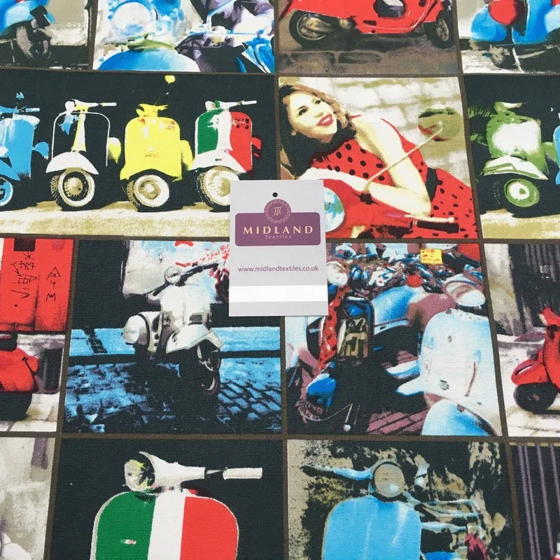 Grey Retro Italian Scooter Printed 100% Cotton Canvas Craft Fabric 58" MK856-15