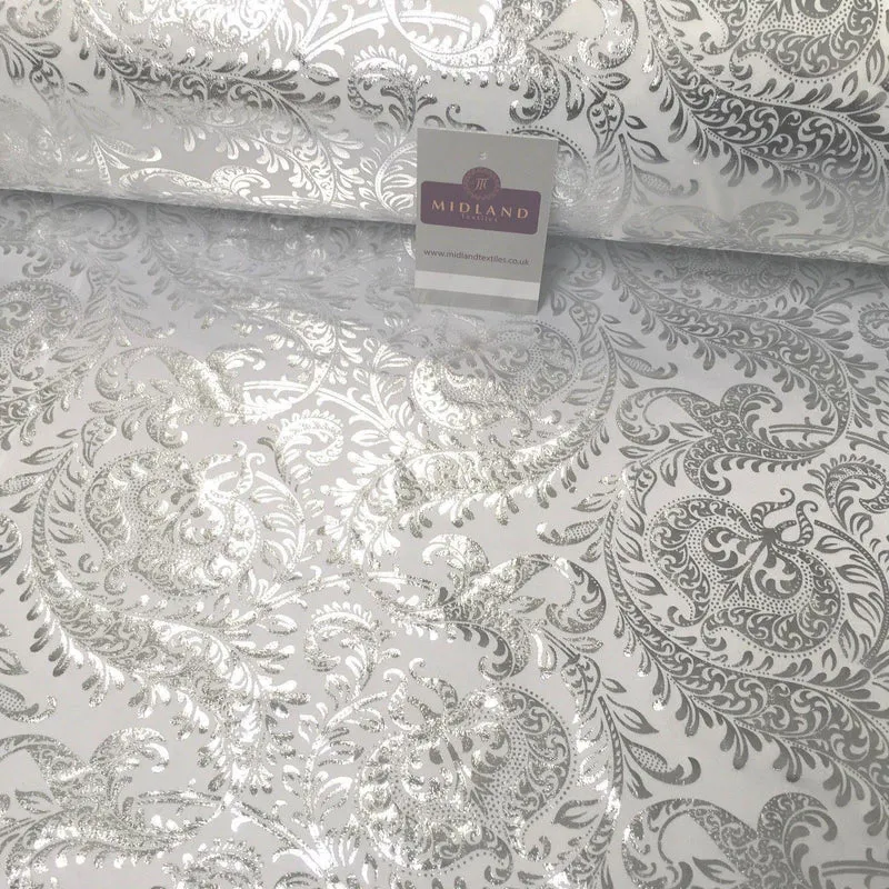 White Silver Ornamental Foil Print Poly Spandex Jersey Dress Fabric 58" MU1021-1
