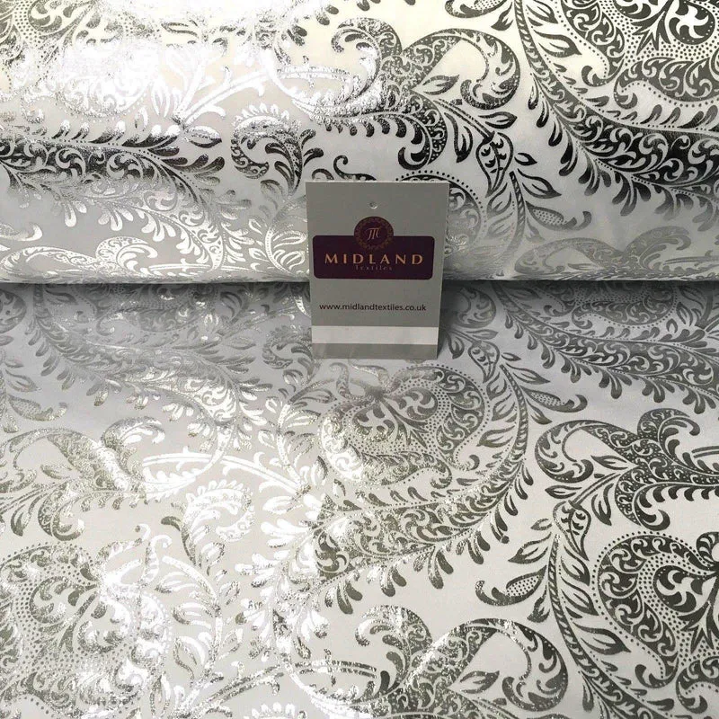 White Silver Ornamental Foil Print Poly Spandex Jersey Dress Fabric 58" MU1021-1