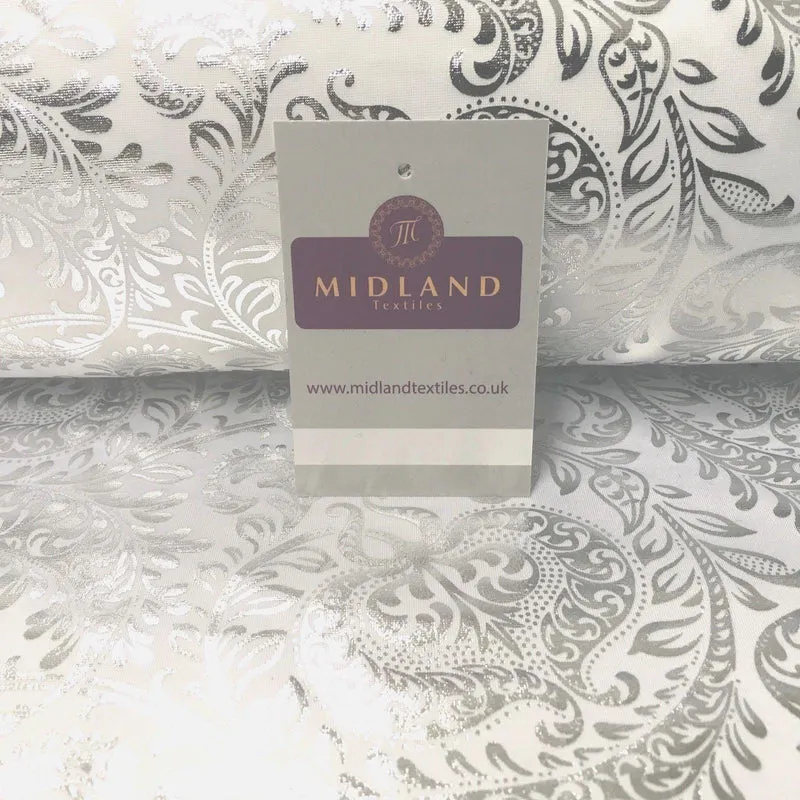 White Silver Ornamental Foil Print Poly Spandex Jersey Dress Fabric 58" MU1021-1