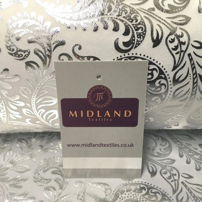 White Silver Ornamental Foil Print Poly Spandex Jersey Dress Fabric 58" MU1021-1