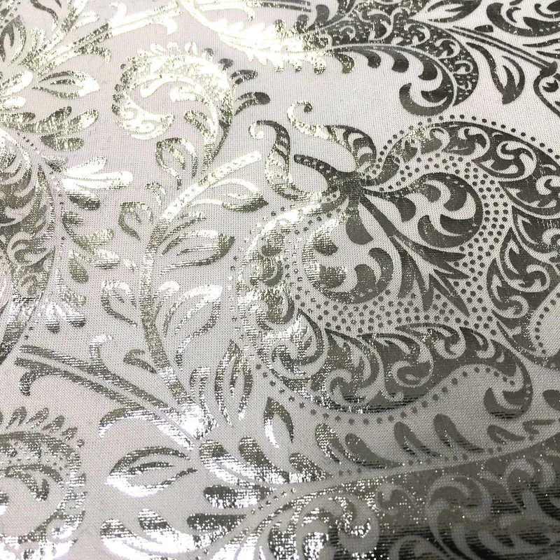 White Silver Ornamental Foil Print Poly Spandex Jersey Dress Fabric 58" MU1021-1