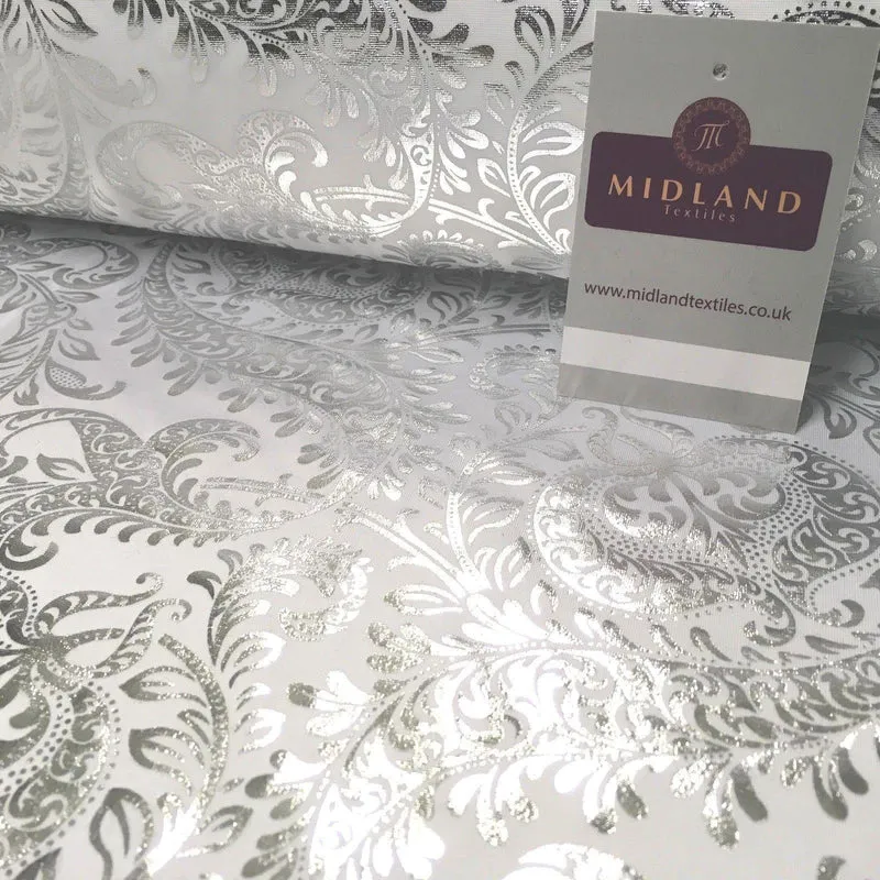 White Silver Ornamental Foil Print Poly Spandex Jersey Dress Fabric 58" MU1021-1