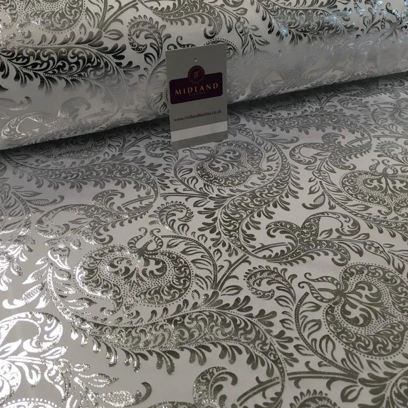 White Silver Ornamental Foil Print Poly Spandex Jersey Dress Fabric 58" MU1021-1