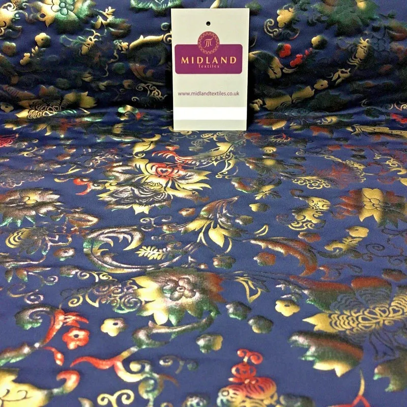 Navy Multicoloured Spandex Jersey Floral Foil Print Dress fabric 58" MU1023-1