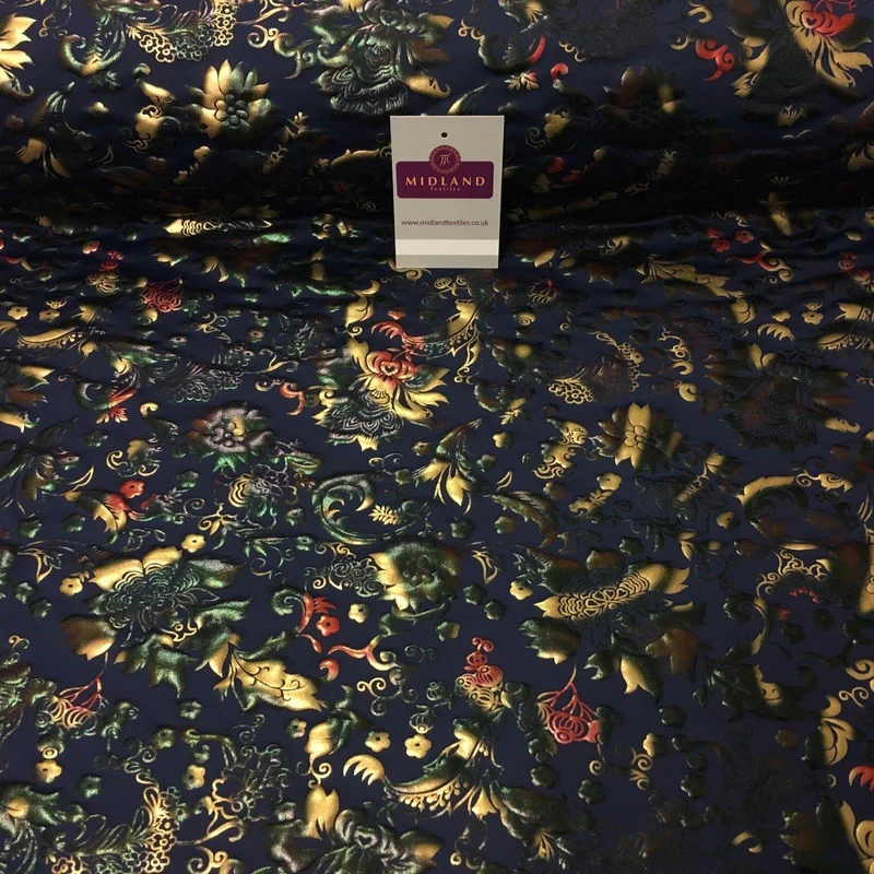 Navy Multicoloured Spandex Jersey Floral Foil Print Dress fabric 58" MU1023-1