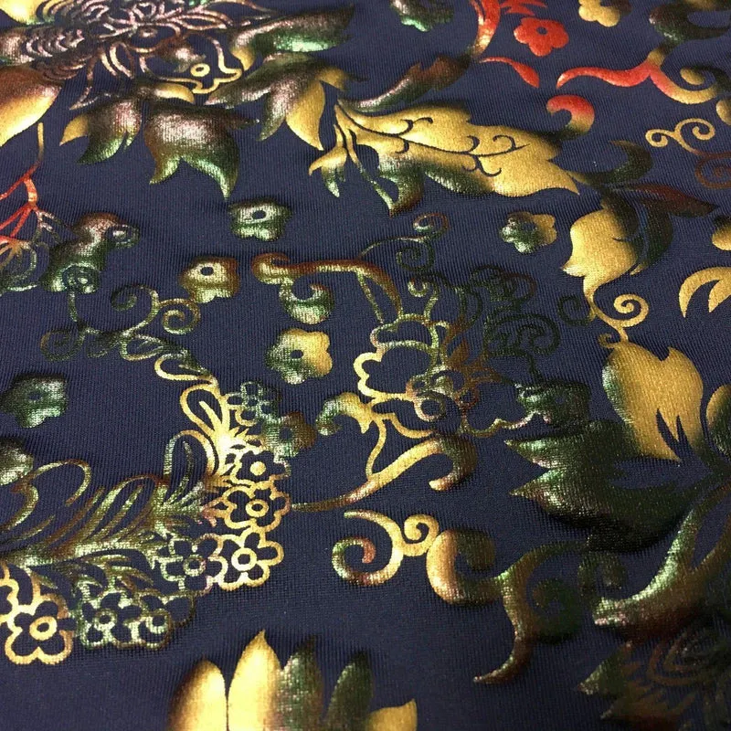 Navy Multicoloured Spandex Jersey Floral Foil Print Dress fabric 58" MU1023-1