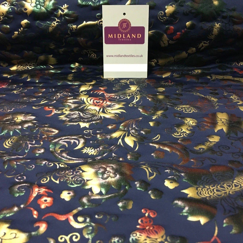 Navy Multicoloured Spandex Jersey Floral Foil Print Dress fabric 58" MU1023-1