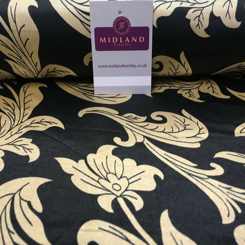 Black & Gold Floral Printed Satin Silky Dress fabric 55" Wide MA1026 Mtex