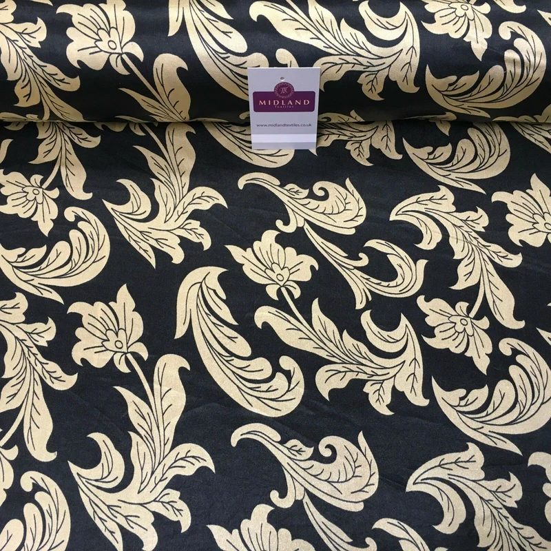 Black & Gold Floral Printed Satin Silky Dress fabric 55" Wide MA1026 Mtex