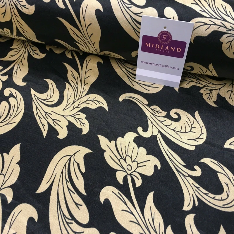 Black & Gold Floral Printed Satin Silky Dress fabric 55" Wide MA1026 Mtex