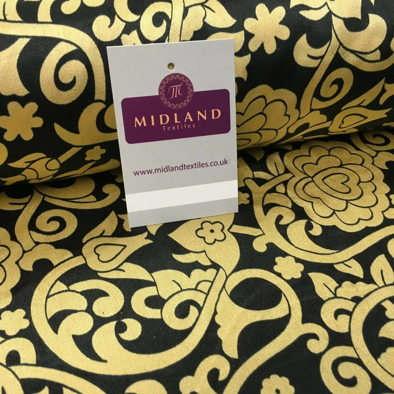 Black & Gold Floral Printed Satin Silky Dress fabric 55" Wide MA1026 Mtex