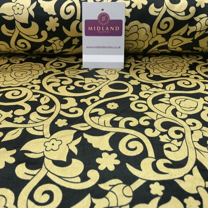 Black & Gold Floral Printed Satin Silky Dress fabric 55" Wide MA1026 Mtex
