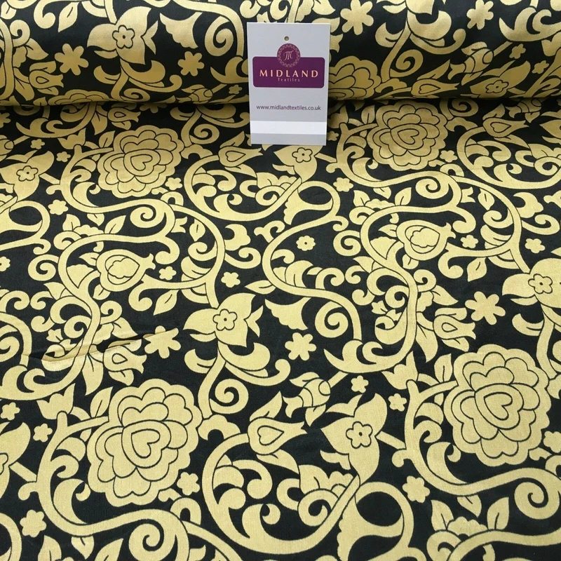 Black & Gold Floral Printed Satin Silky Dress fabric 55" Wide MA1026 Mtex