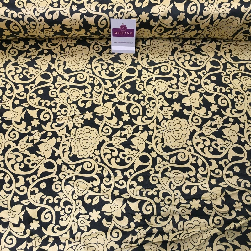 Black & Gold Floral Printed Satin Silky Dress fabric 55" Wide MA1026 Mtex