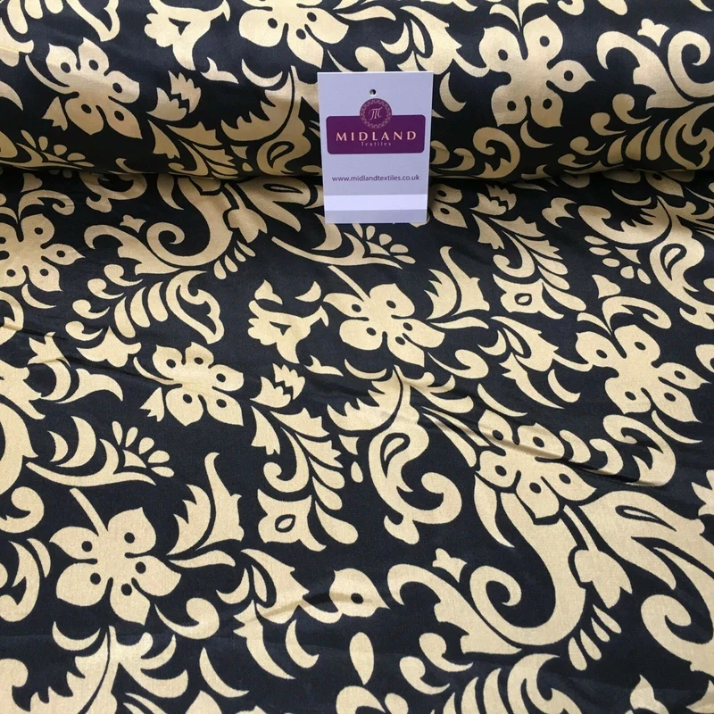 Black & Gold Floral Printed Satin Silky Dress fabric 55" Wide MA1026 Mtex
