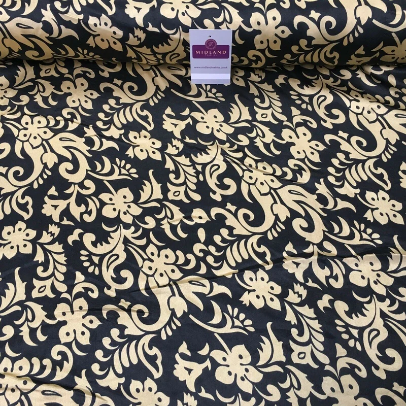 Black & Gold Floral Printed Satin Silky Dress fabric 55" Wide MA1026 Mtex