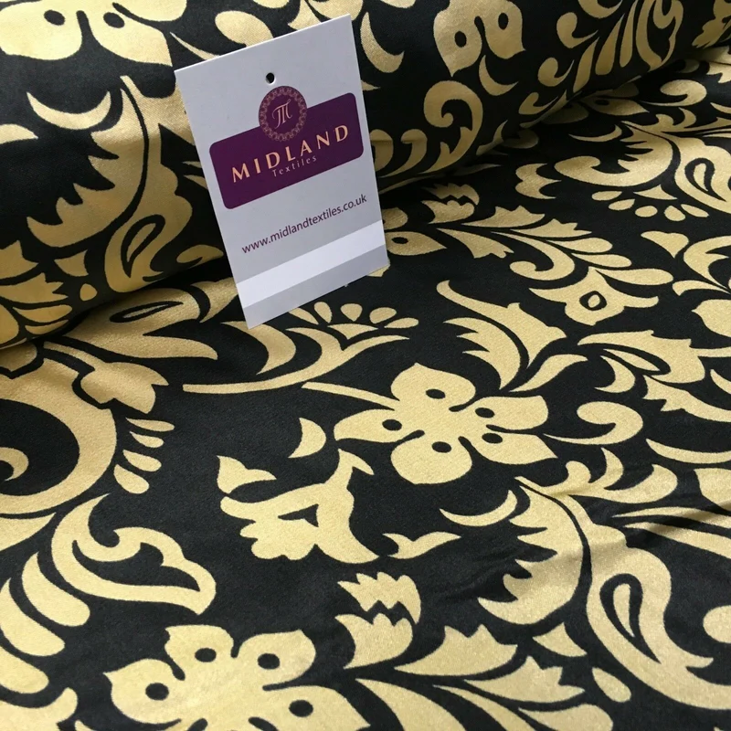 Black & Gold Floral Printed Satin Silky Dress fabric 55" Wide MA1026 Mtex
