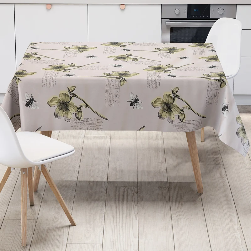 Wachstuch Tischdecke M19053 altrosa retro Blumen und Bienen eckig rund oval