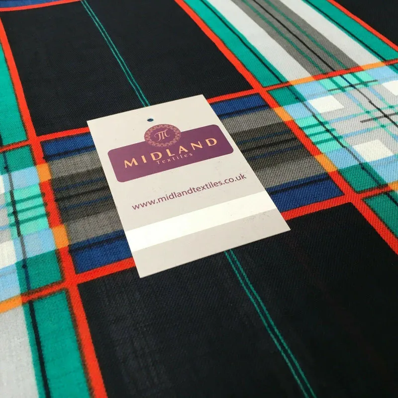 Navy & Jade tartan Georgette crepe Linen effect Fabric 150cm wide MK1095-22