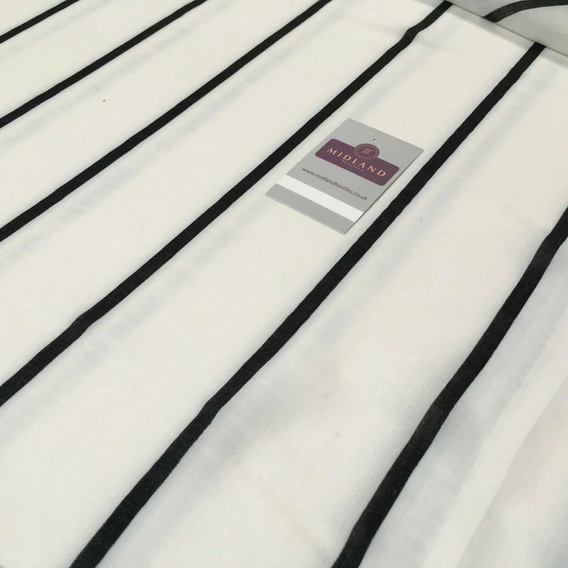 Ivory and Black Striped Georgette crepe Linen effect dress Fabric 150cm MK1095-3