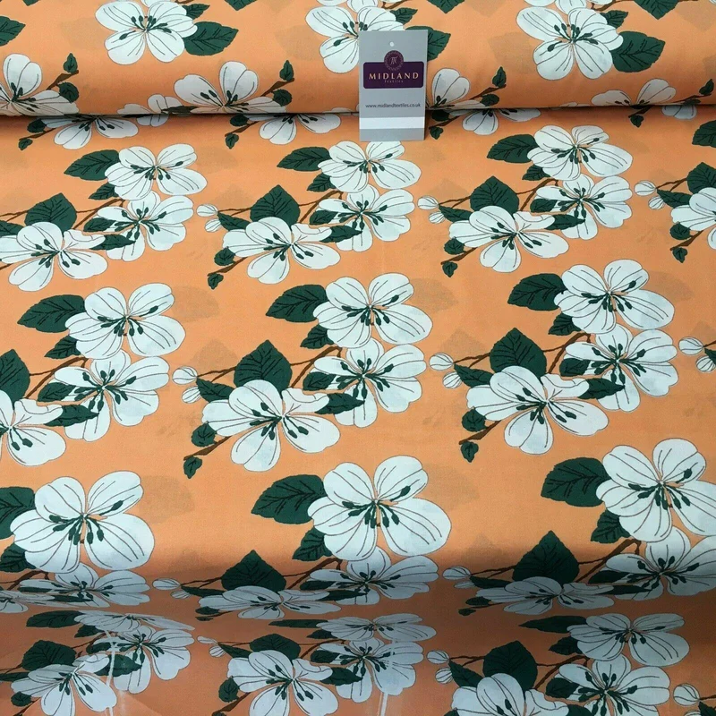 Peach Floral Printed Cotton Linen Dress Fabric 150cm Wide MK1086-3