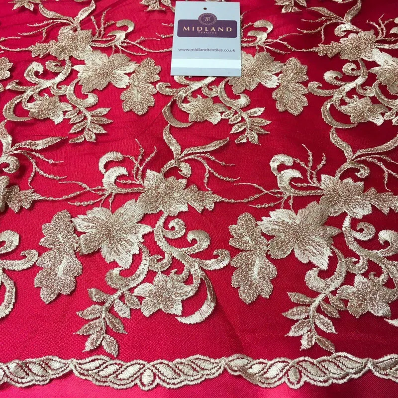 Floral Double Scalloped Gold Thread Embroidered Net Fabric 120cm Wide MJ1070