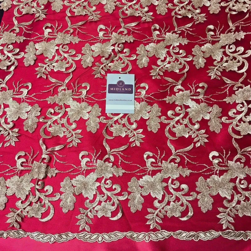 Floral Double Scalloped Gold Thread Embroidered Net Fabric 120cm Wide MJ1070