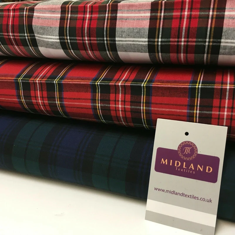 Flat Tartan Woven 100% Cotton Poplin ideal for clothing Fabric 147cm Wide MD1053