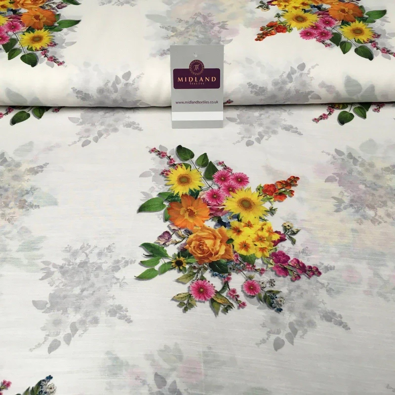 White Floral Printed Poly Muslin Lightweight Fabric 44" M1025 Mtex