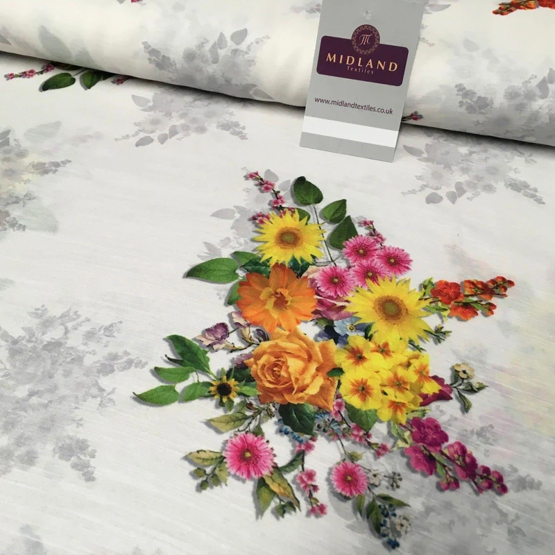 White Floral Printed Poly Muslin Lightweight Fabric 44" M1025 Mtex
