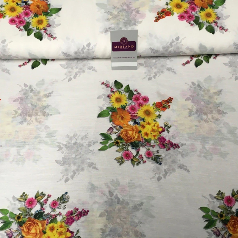 White Floral Printed Poly Muslin Lightweight Fabric 44" M1025 Mtex