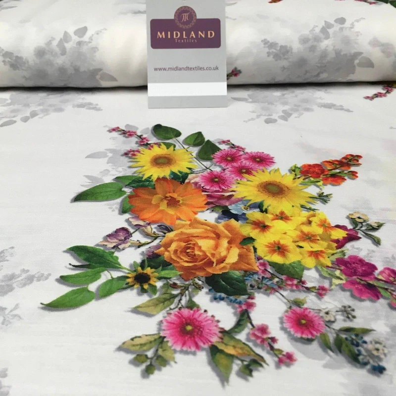 White Floral Printed Poly Muslin Lightweight Fabric 44" M1025 Mtex