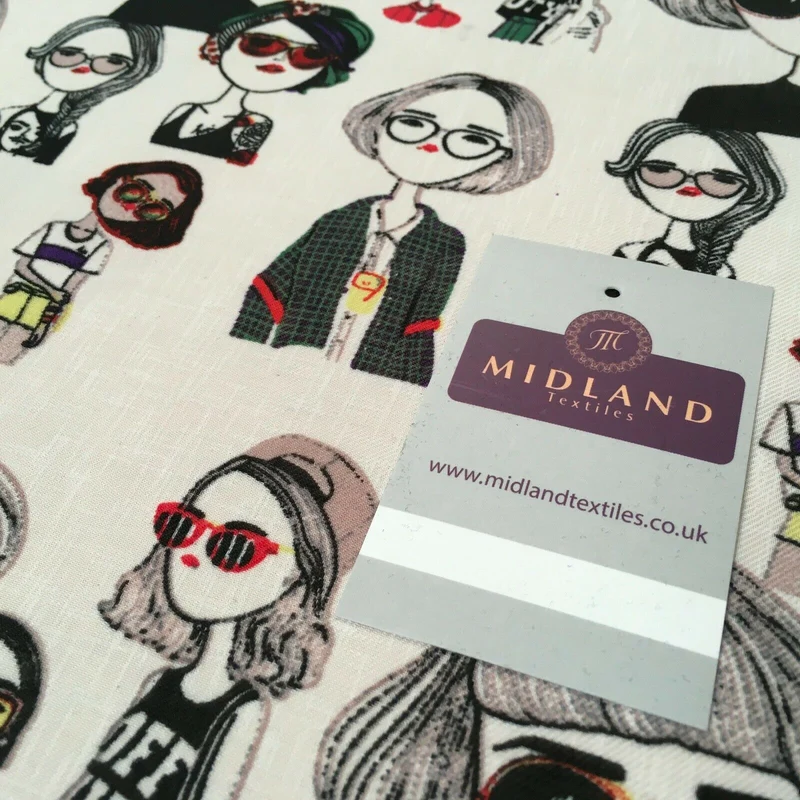 Character Illustration on White Georgette crepe Linen effect Fabric 150Cm MK1095