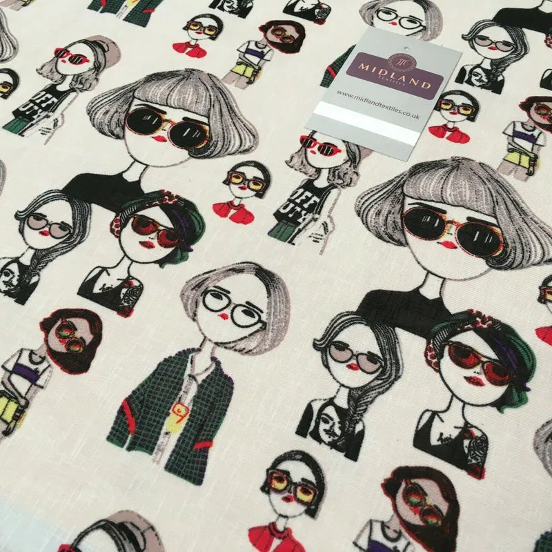 Character Illustration on White Georgette crepe Linen effect Fabric 150Cm MK1095