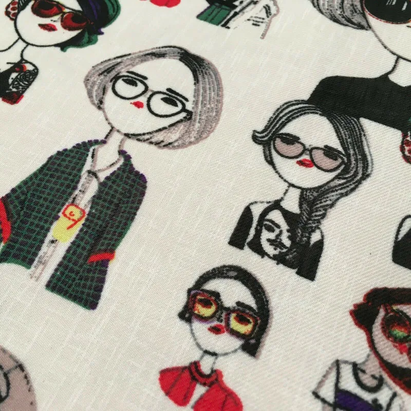 Character Illustration on White Georgette crepe Linen effect Fabric 150Cm MK1095