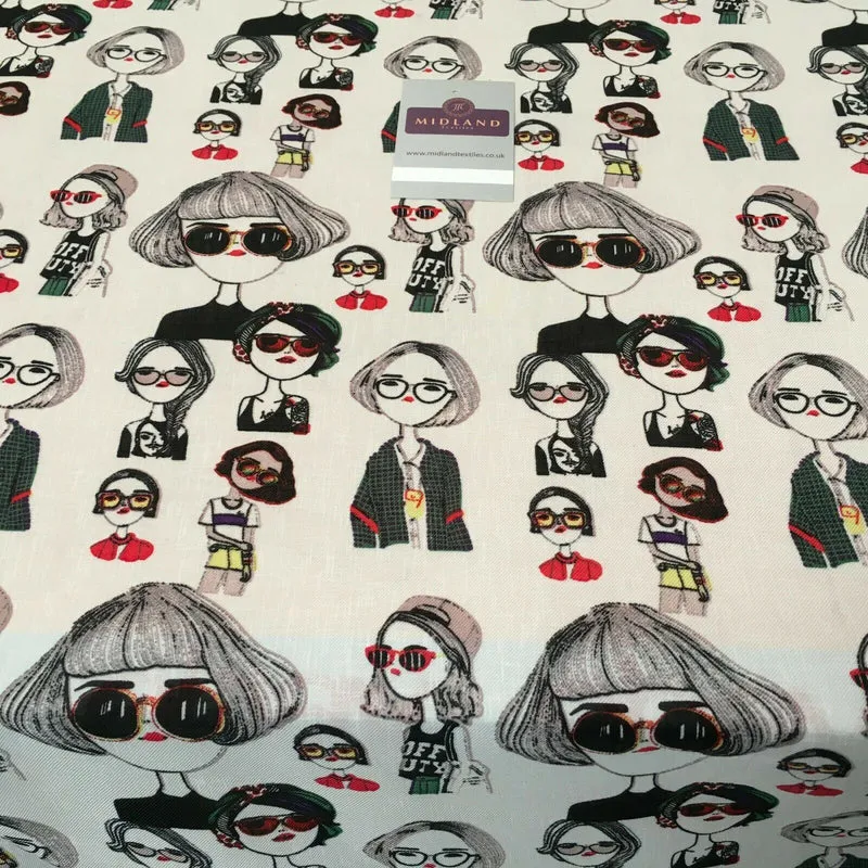 Character Illustration on White Georgette crepe Linen effect Fabric 150Cm MK1095
