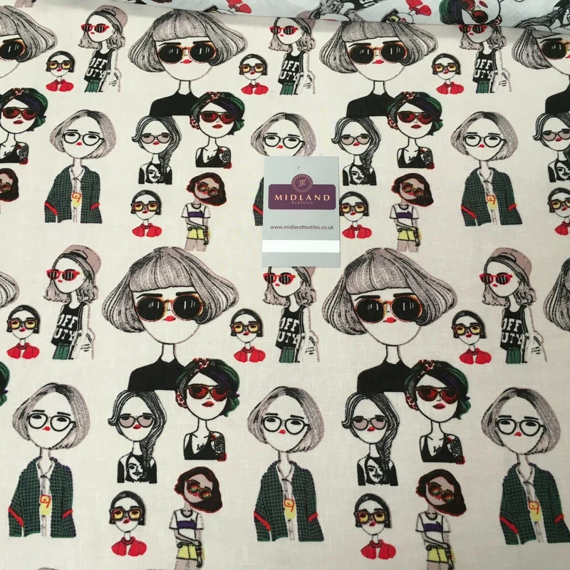 Character Illustration on White Georgette crepe Linen effect Fabric 150Cm MK1095