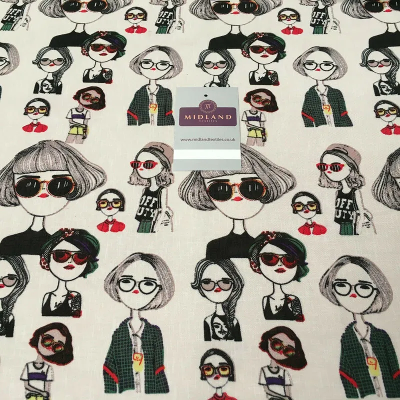 Character Illustration on White Georgette crepe Linen effect Fabric 150Cm MK1095