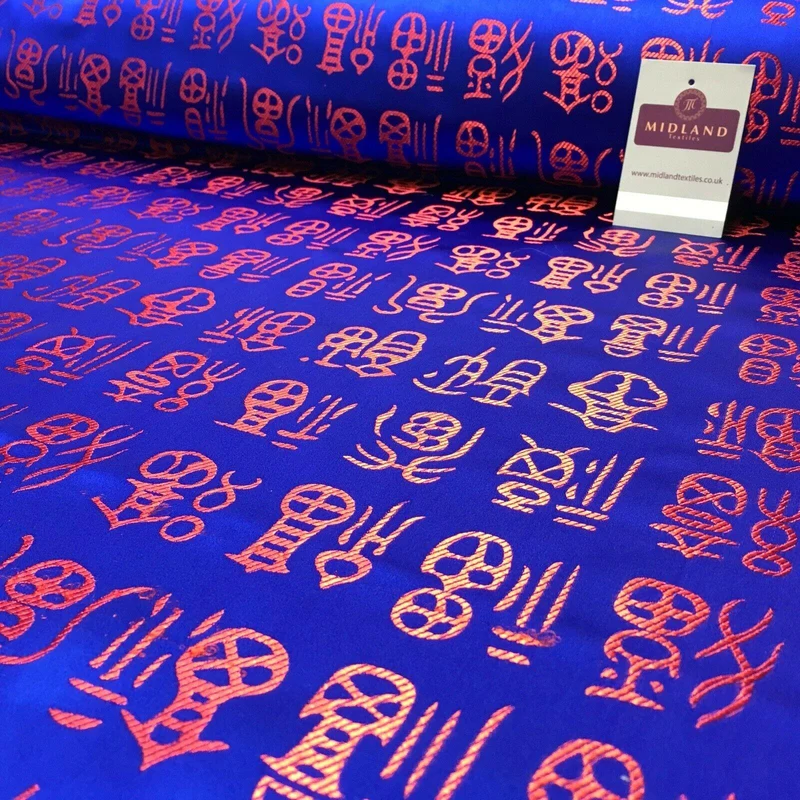 Royal Blue and Red Chinese Words Brocade Satin Dress Fabric 110cm Wide M395-29