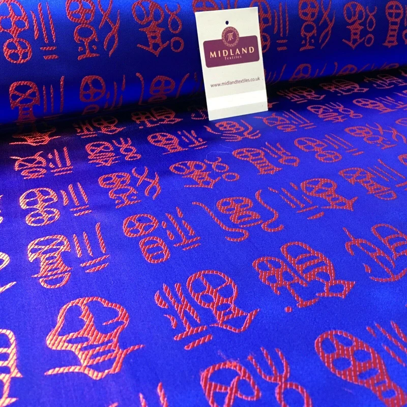 Royal Blue and Red Chinese Words Brocade Satin Dress Fabric 110cm Wide M395-29