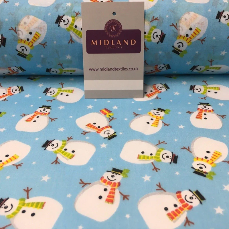 Snowman and Stars Christmas Printed Polycotton fabric 44" Wide MD1008