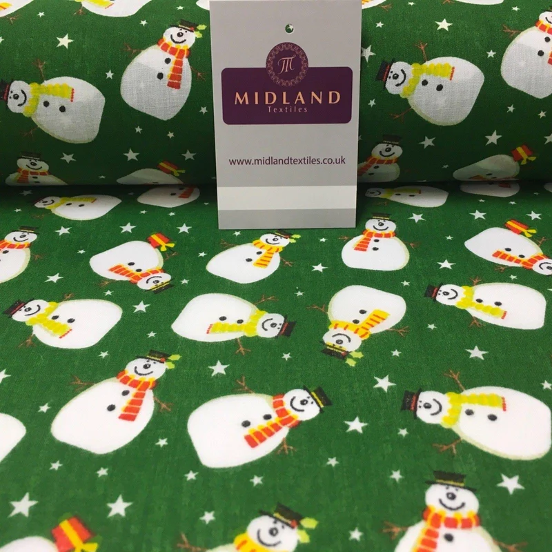 Snowman and Stars Christmas Printed Polycotton fabric 44" Wide MD1008
