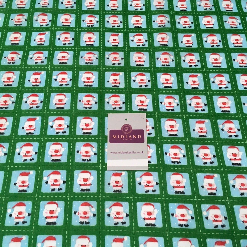 Green Stamp Santa Christmas Polycotton Printed fabric 44" Wide MD1002-1