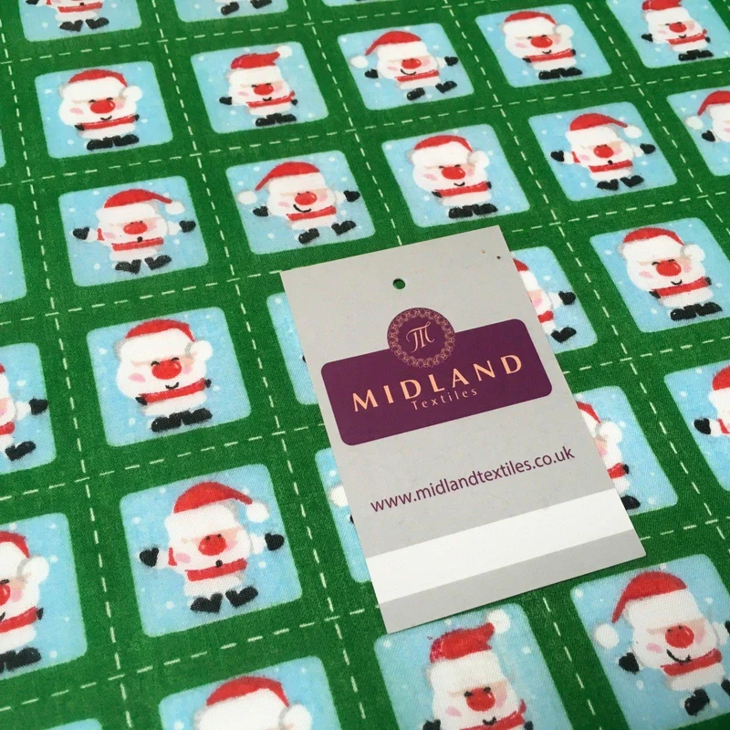 Green Stamp Santa Christmas Polycotton Printed fabric 44" Wide MD1002-1