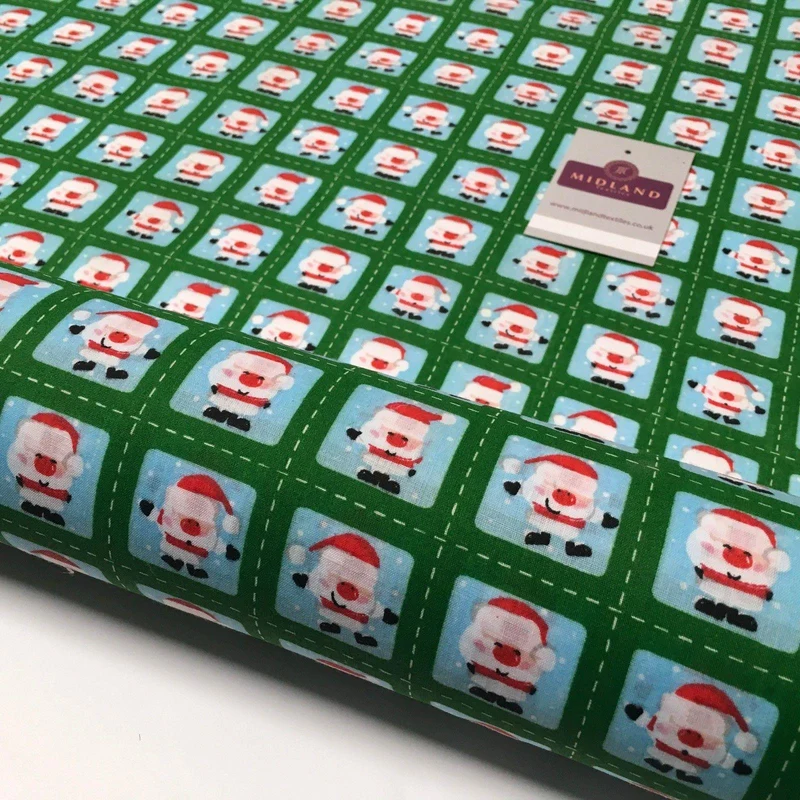 Green Stamp Santa Christmas Polycotton Printed fabric 44" Wide MD1002-1