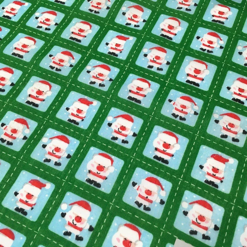 Green Stamp Santa Christmas Polycotton Printed fabric 44" Wide MD1002-1