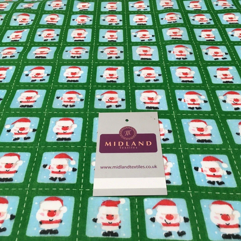 Green Stamp Santa Christmas Polycotton Printed fabric 44" Wide MD1002-1