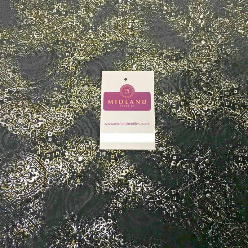 Black Gold Silver Embossed Foil Ornamental Velvet Velour stretch Fabric 58" M971
