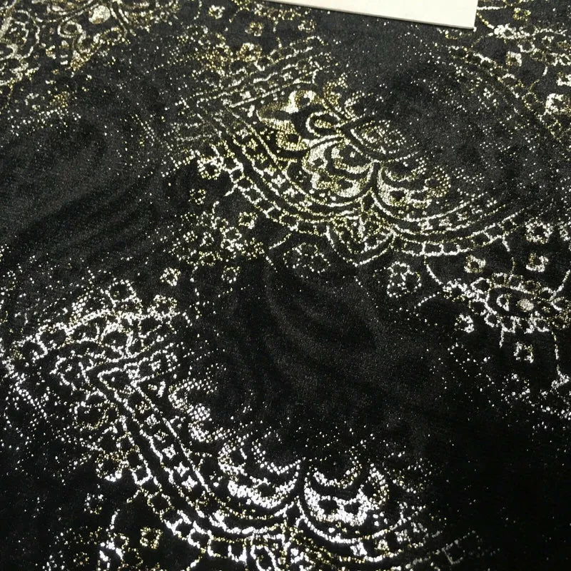 Black Gold Silver Embossed Foil Ornamental Velvet Velour stretch Fabric 58" M971
